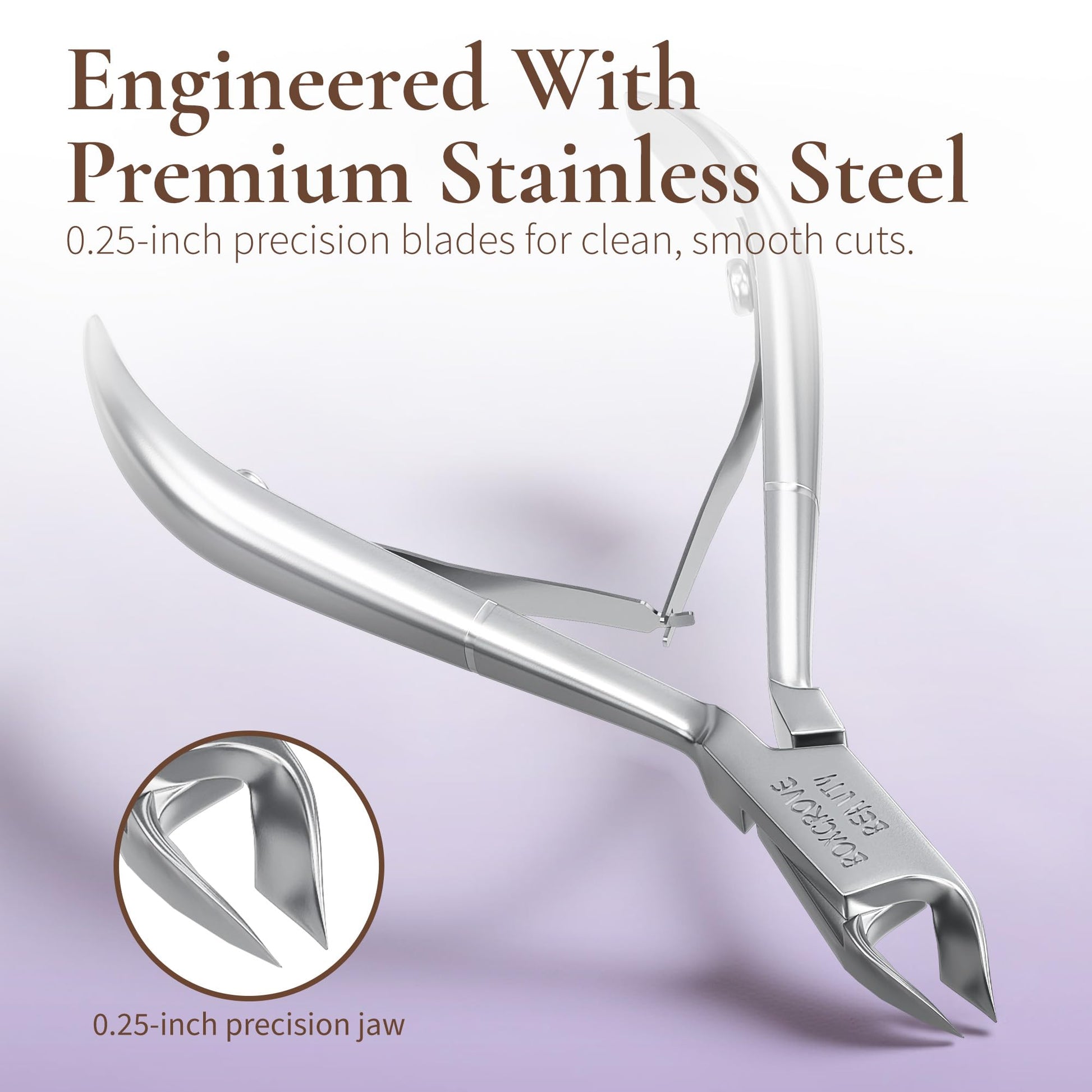 Close up of sharp stainless steel cuticle nipper jaw