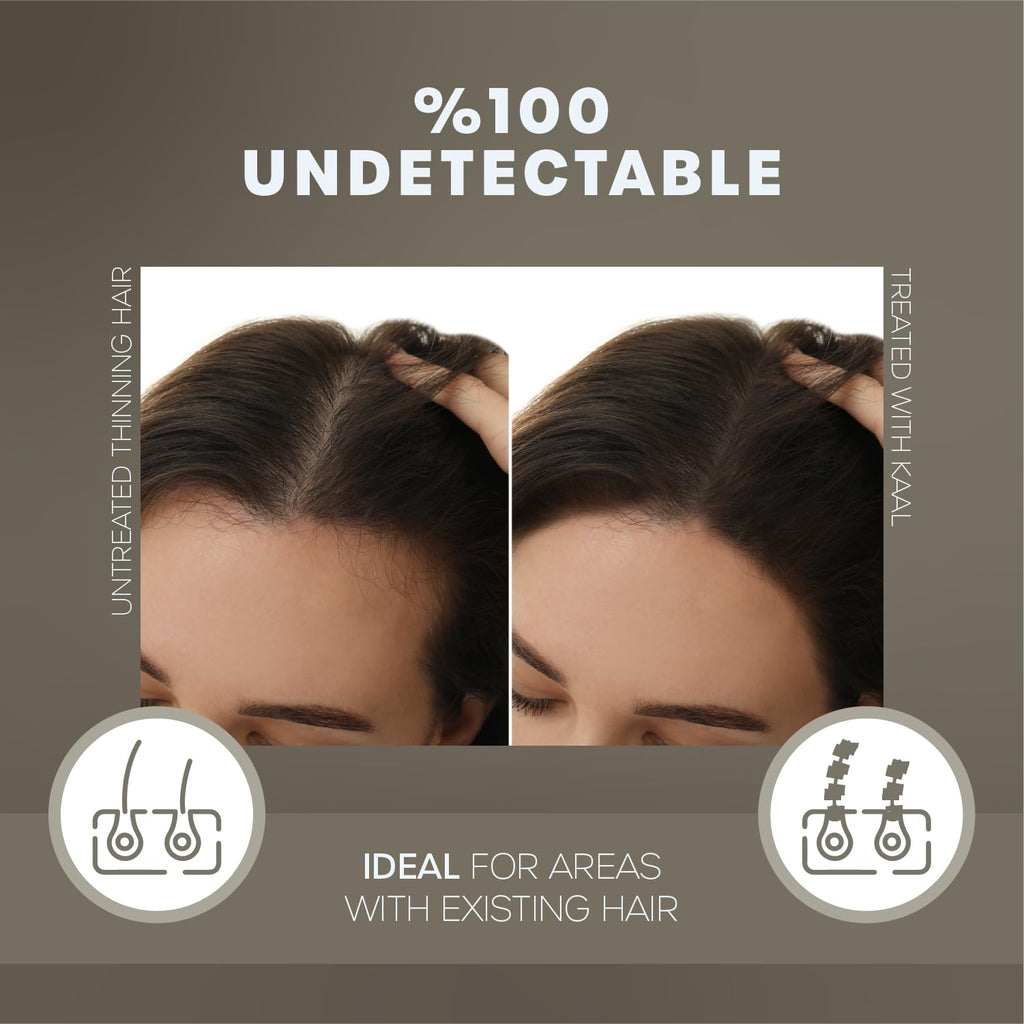 Model demonstrating application of hair concealing fibers on thinning crown
