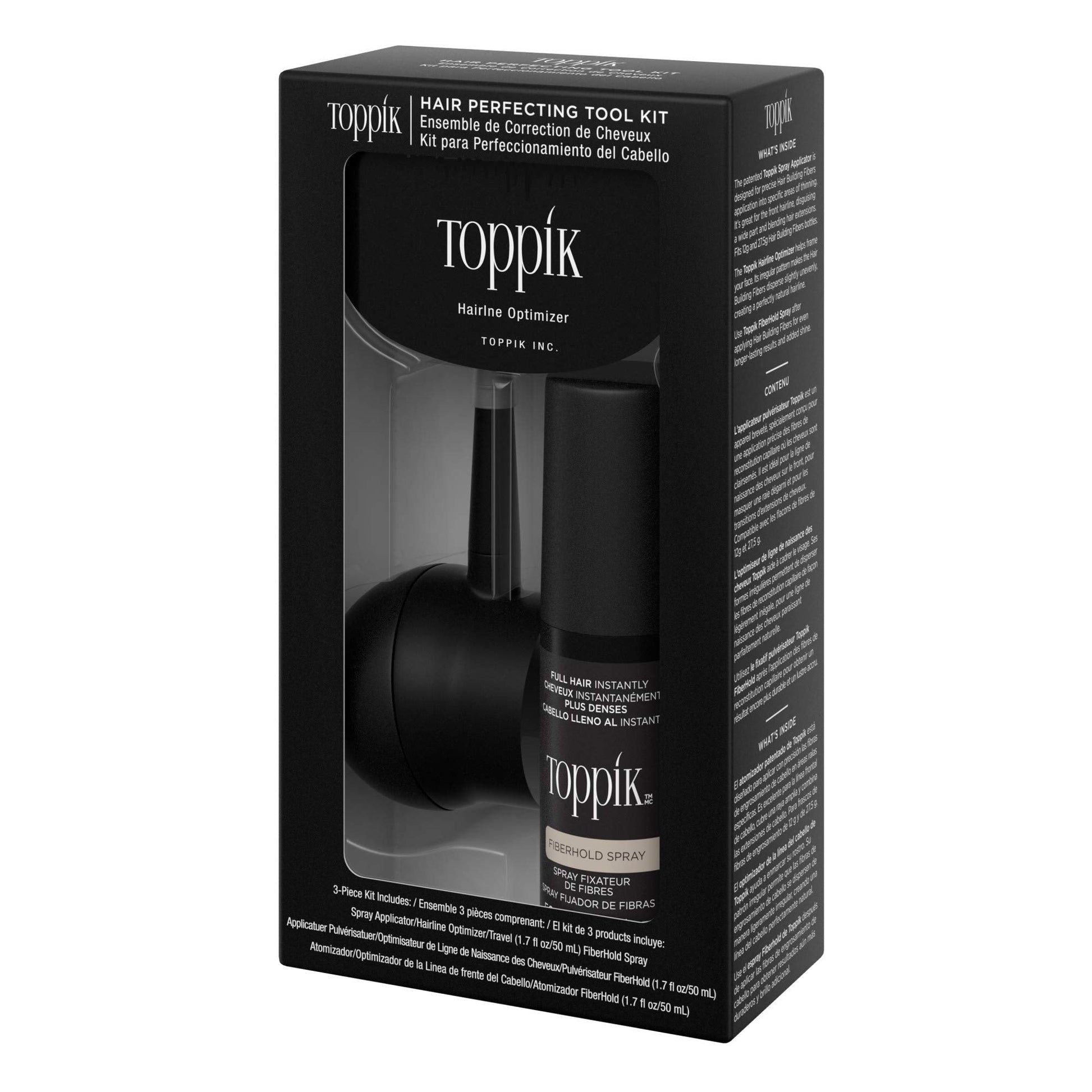Toppik cosmetic hair building tool set packaging details and instructions for thickening fine hair lines seamlessly