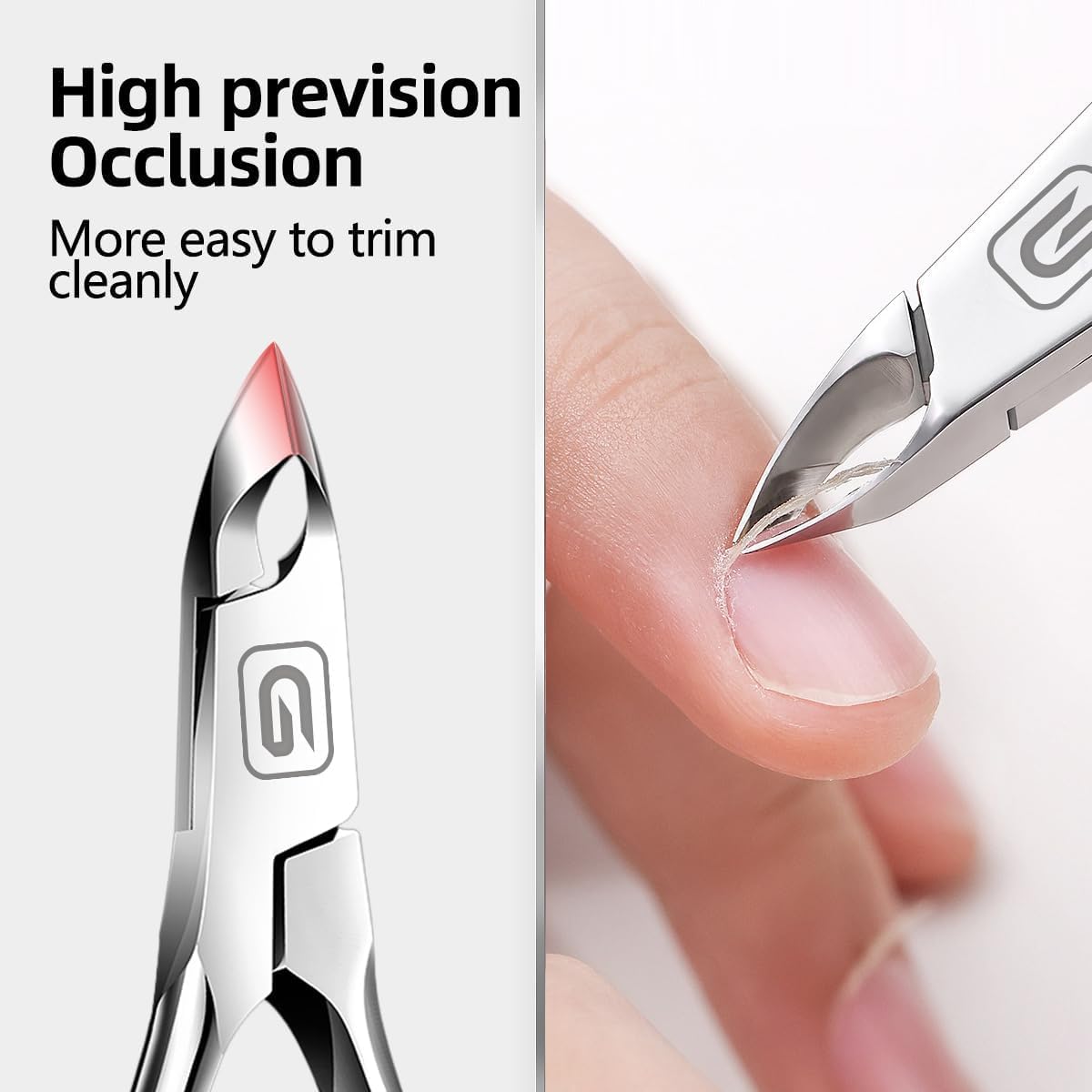 Close up view of the sharp 3/4 jaw stainless steel cuticle nippers highlighting the hand-filed blades