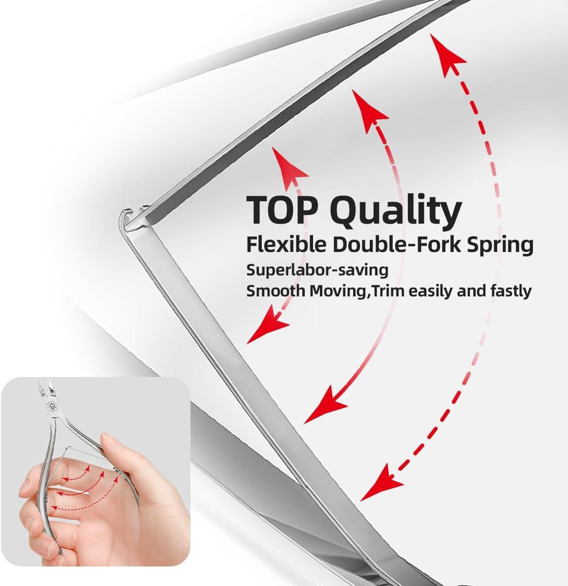 Ergonomic 20-degree angled handle of the rainbow finish cuticle clipper showing the dual tension springs