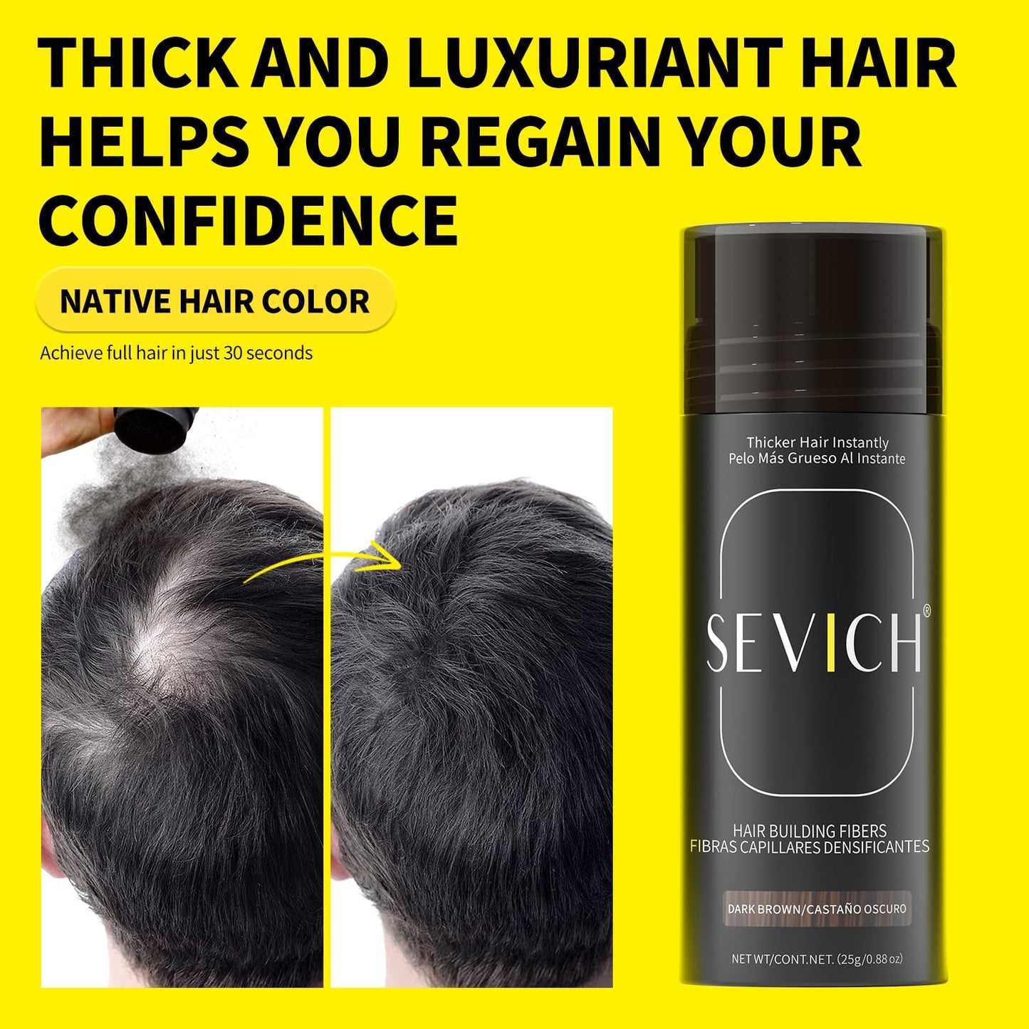 Before and after results using black keratin hair thickening fibers.