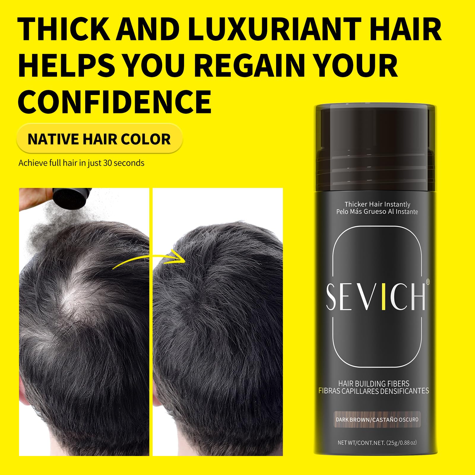 Before and after results using black keratin hair thickening fibers.