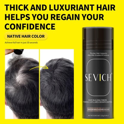Before and after results using black keratin hair thickening fibers.