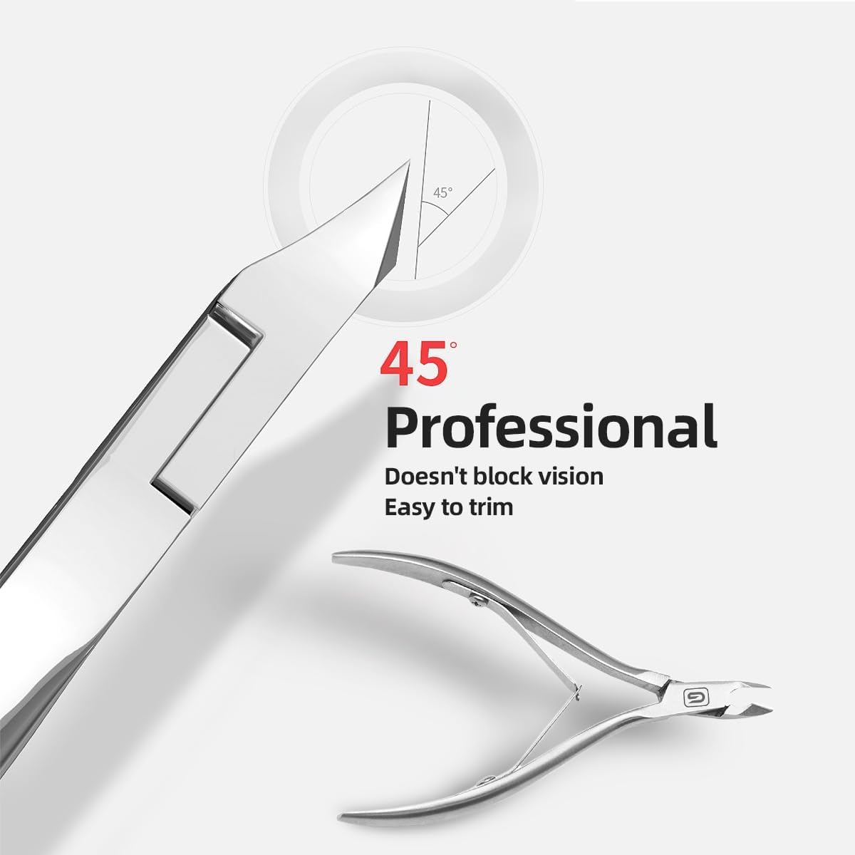 Stainless steel dual-sided cuticle pusher tool resting flat on a clean white background