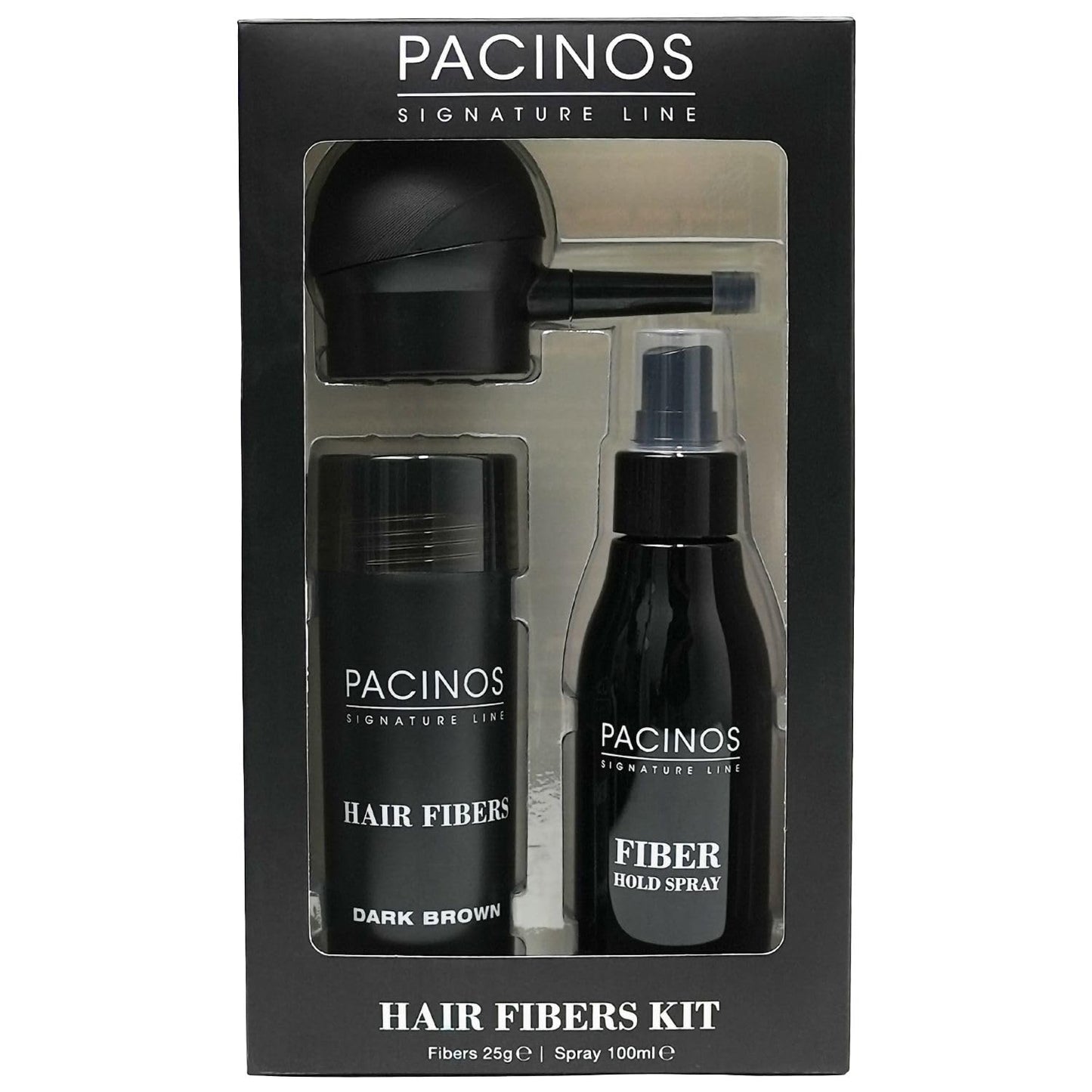 Pacinos hair building fibers bottle with attached applicator pump nozzle