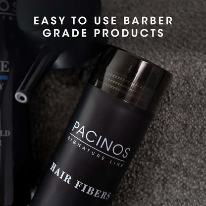 Pacinos dark brown hair fibers being applied to thinning scalp area