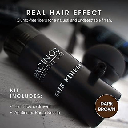 Pacinos hair fiber kit packaging showing clump free natural finish details