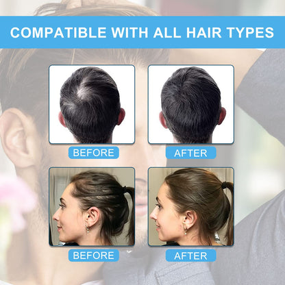Black hair building fibers before and after application demonstration on thinning crown