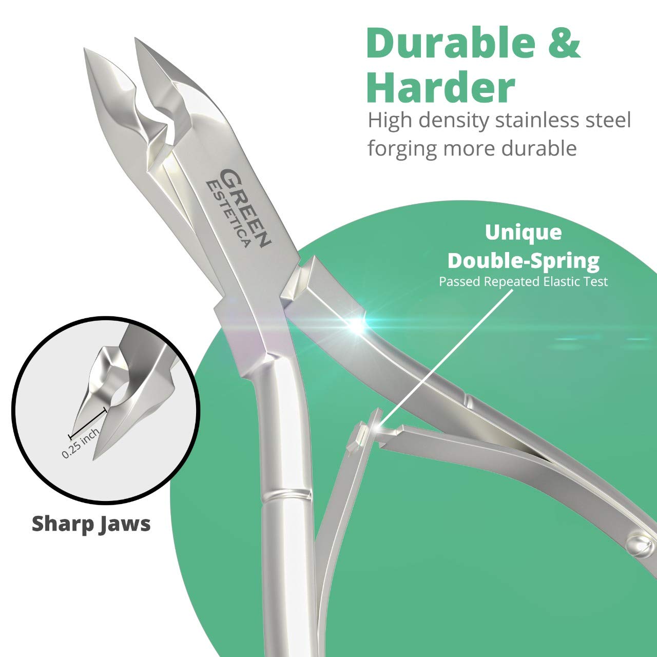 Green Estetica cuticle trimmer showing double spring mechanism detail