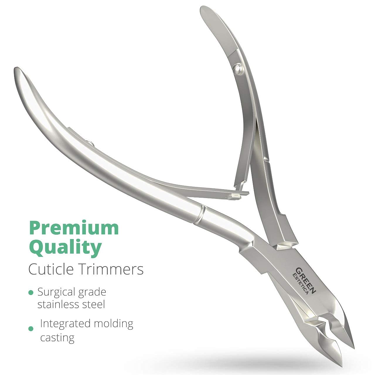 Side profile of Green Estetica stainless steel nail care nipper