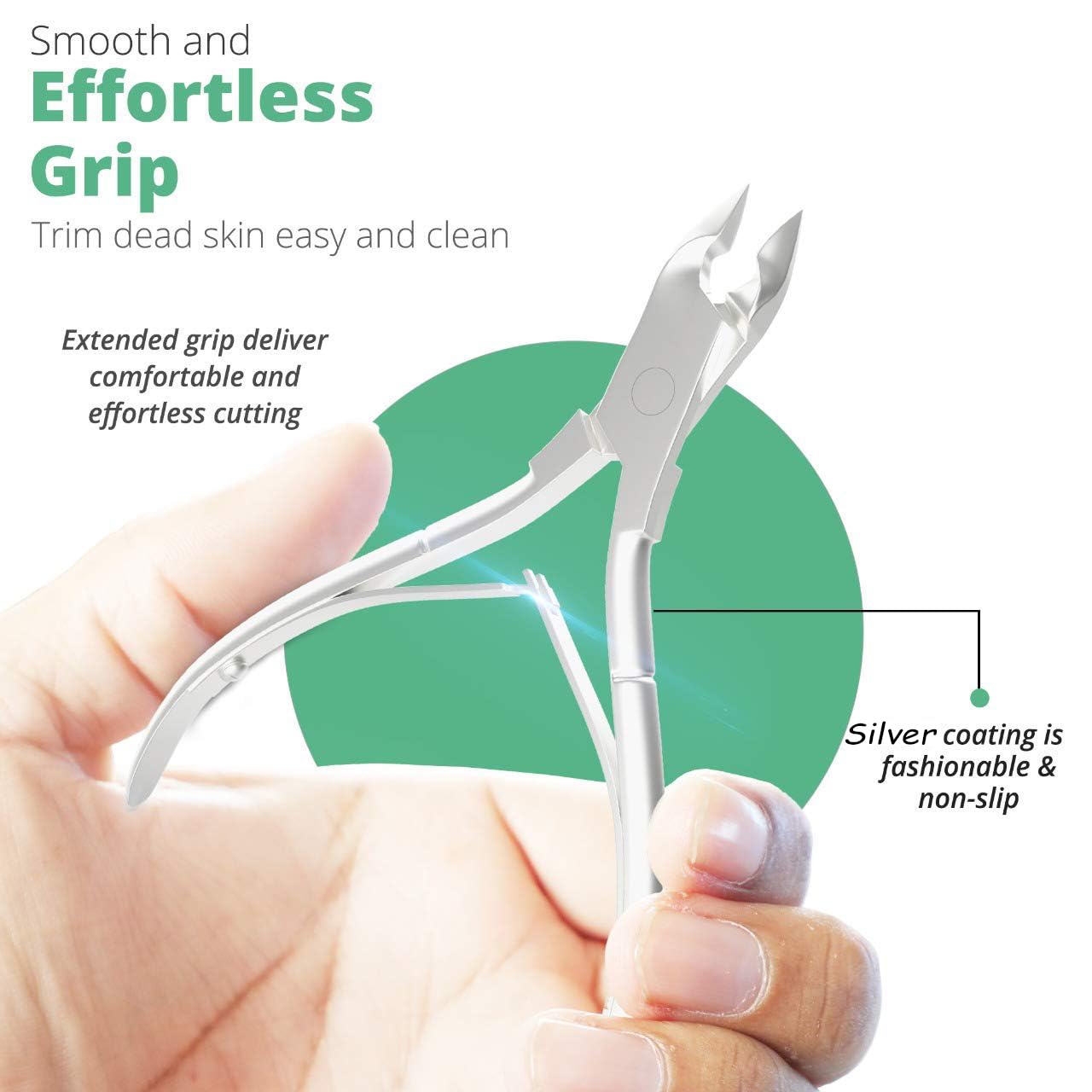 Green Estetica professional cuticle nipper in hand for size reference