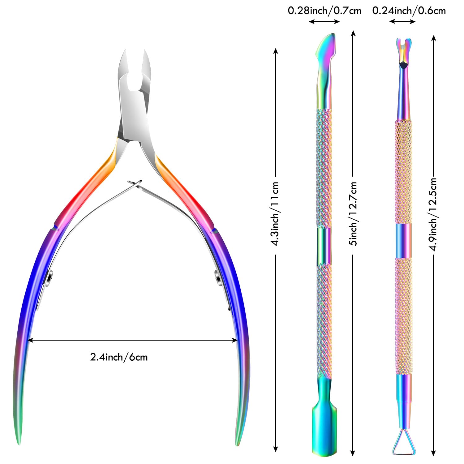 Rainbow finish cuticle pusher and dead skin fork tools