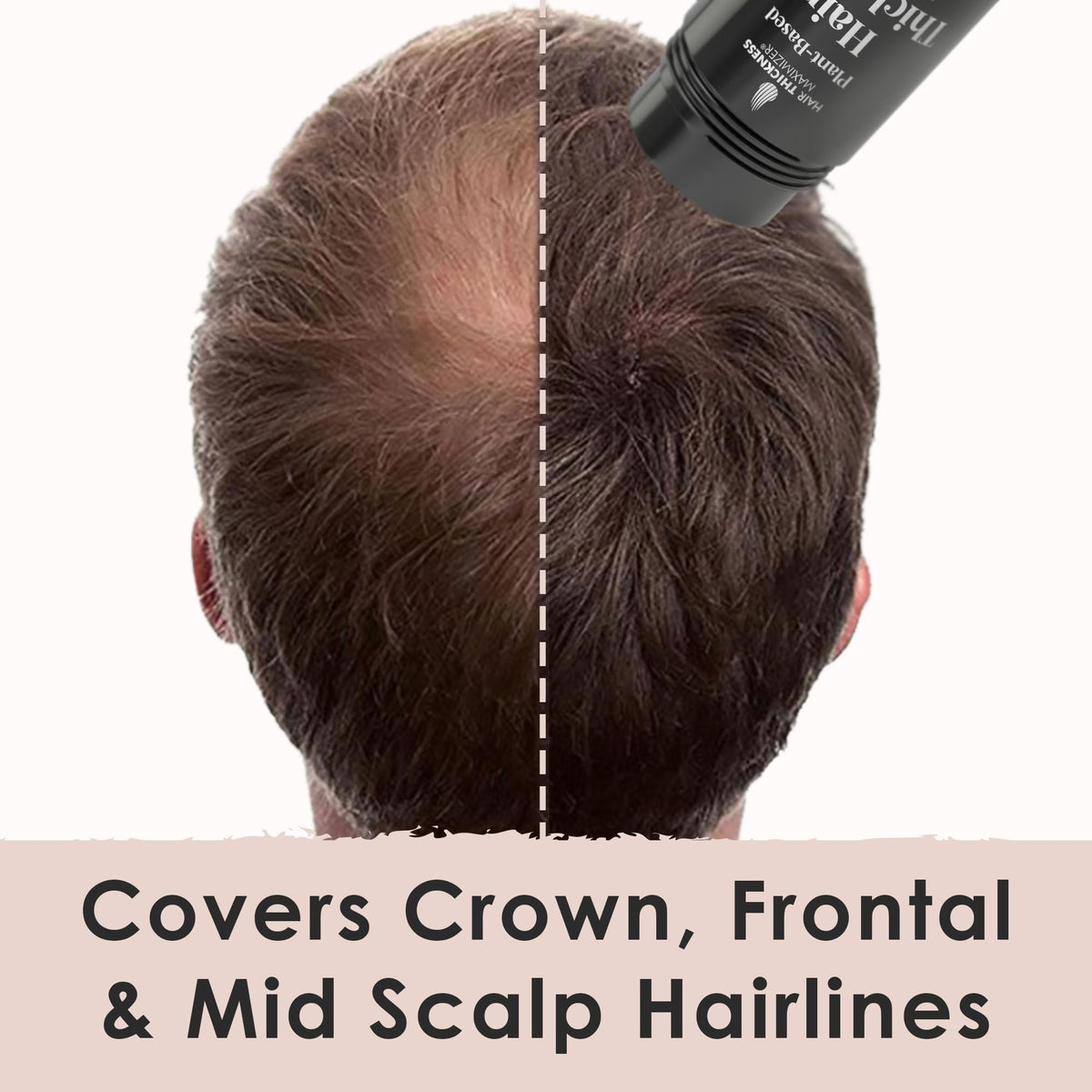 Before and after results of using plant based hair thickening fibers.