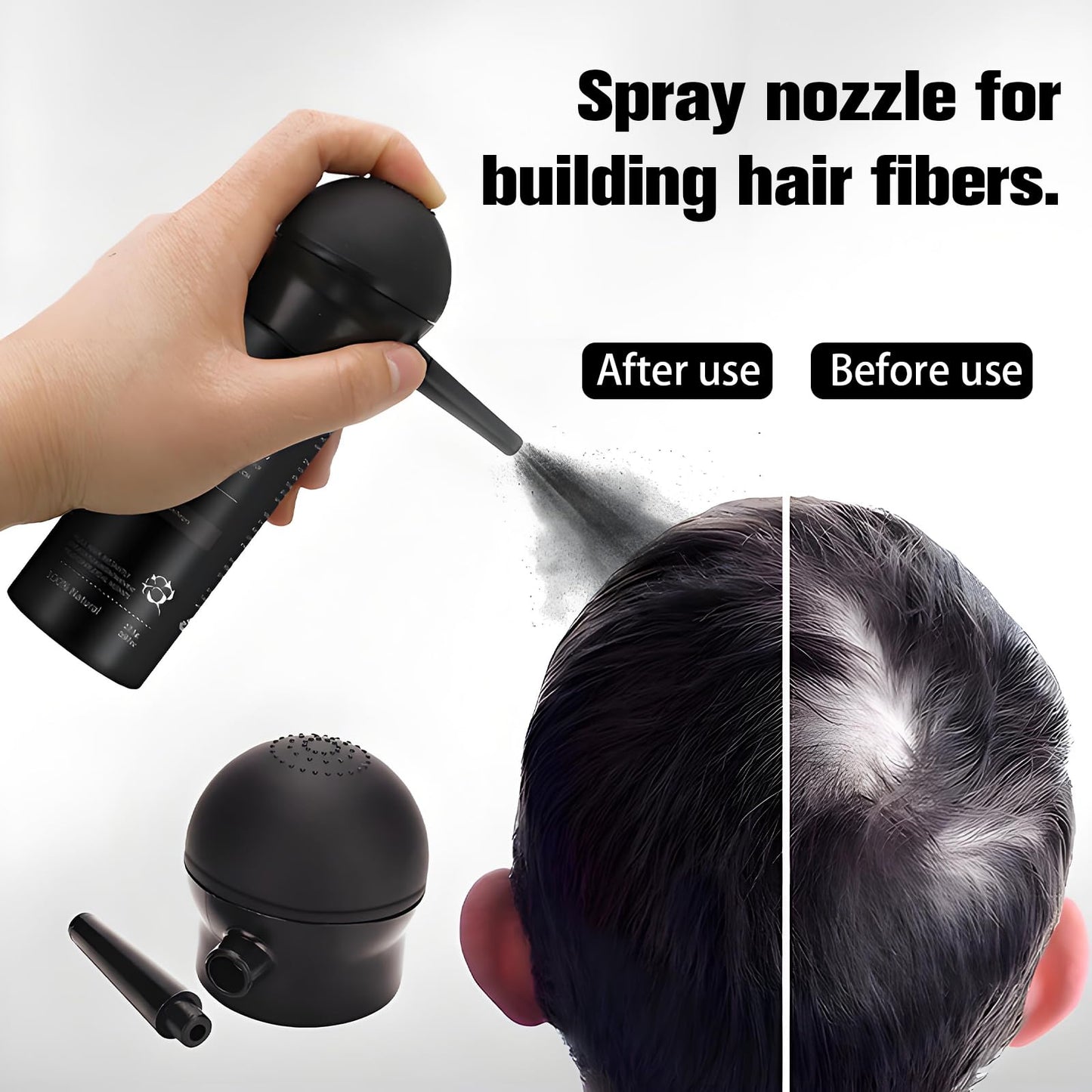 Forest of Dreams spray nozzle attached to a hair thickening fiber bottle for targeted scalp coverage.