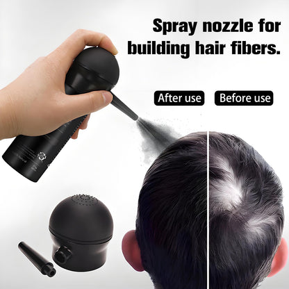 Forest of Dreams spray nozzle attached to a hair thickening fiber bottle for targeted scalp coverage.