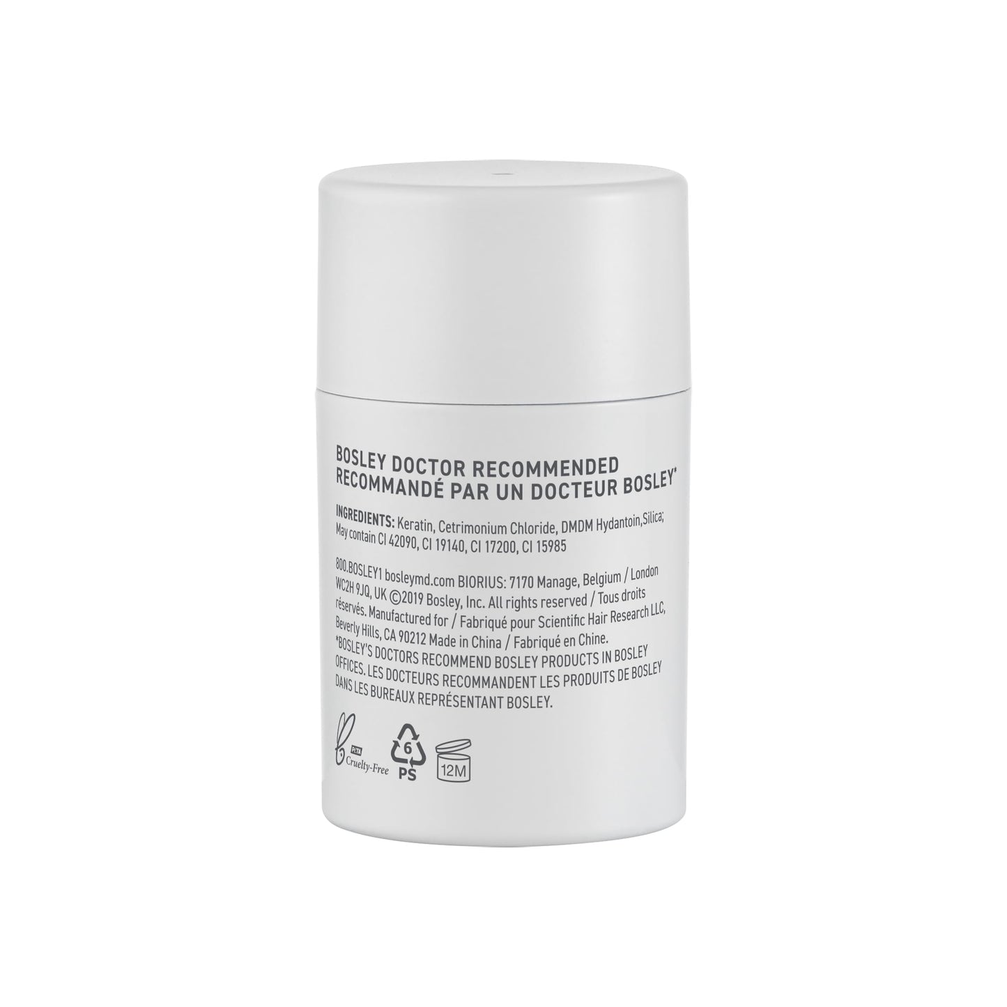 BosleyMD hair building formula bottle showing shade selection and natural keratin label