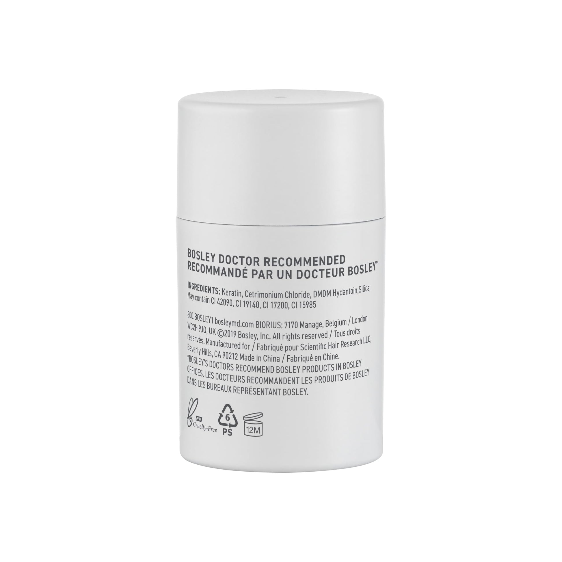 BosleyMD hair building formula bottle showing shade selection and natural keratin label