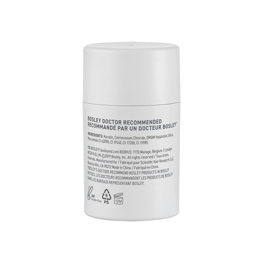 BosleyMD hair building formula bottle showing shade selection and natural keratin label