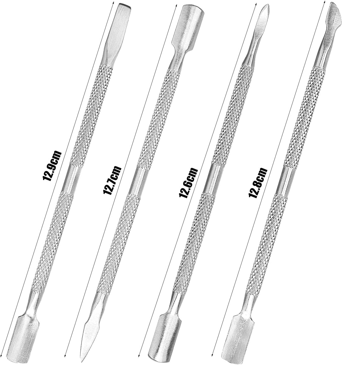 Close up of stainless steel cuticle pusher and nail scraper tool