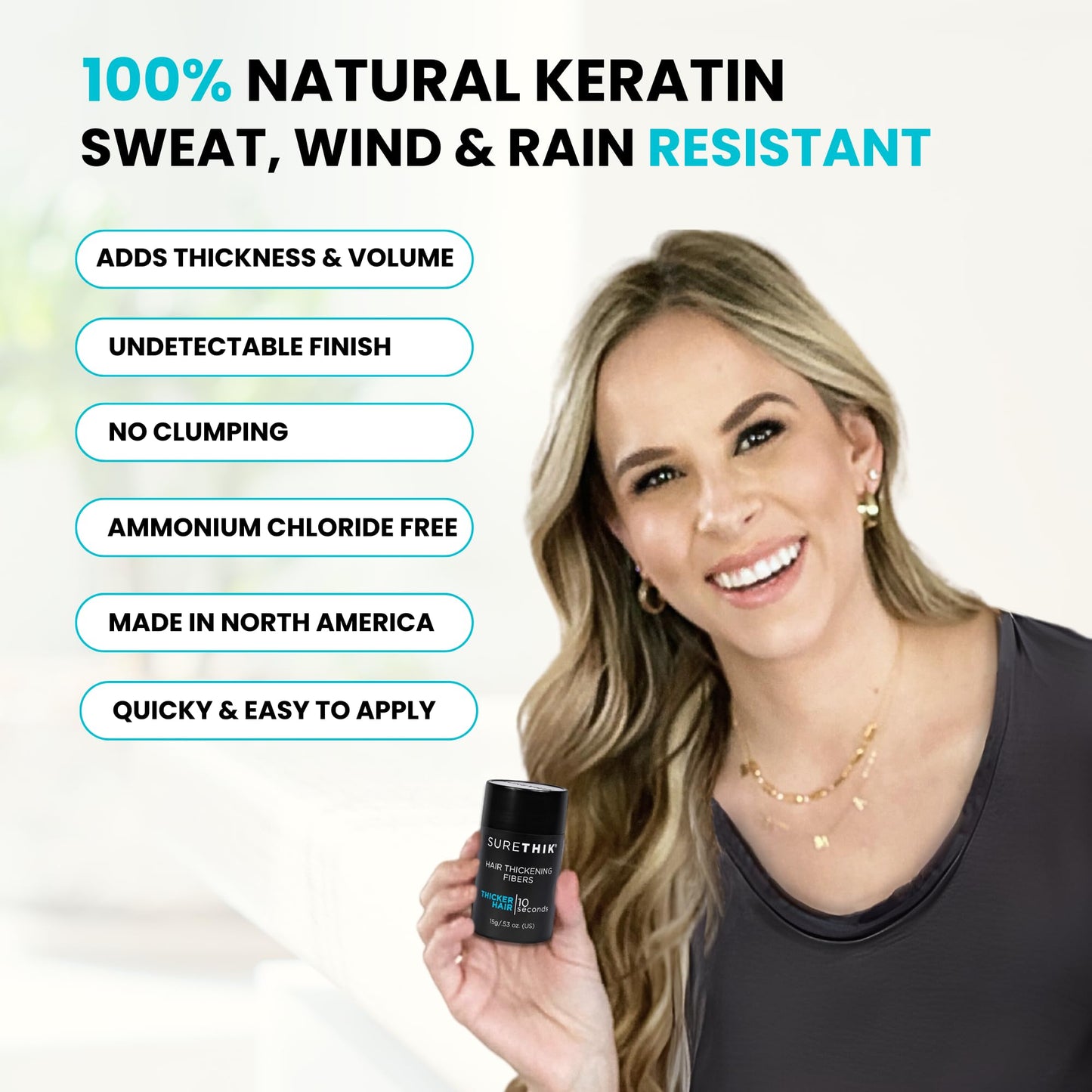 SureThik organic keratin hair fibers for men and women close up view