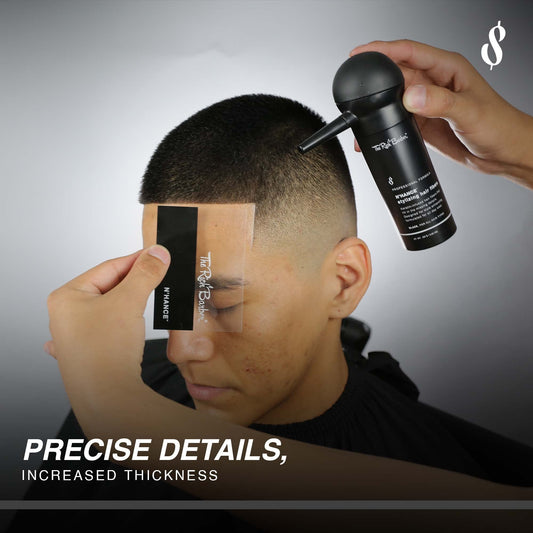Keratin infused hair building fibers bottle with applicator pump attached for hairline enhancement