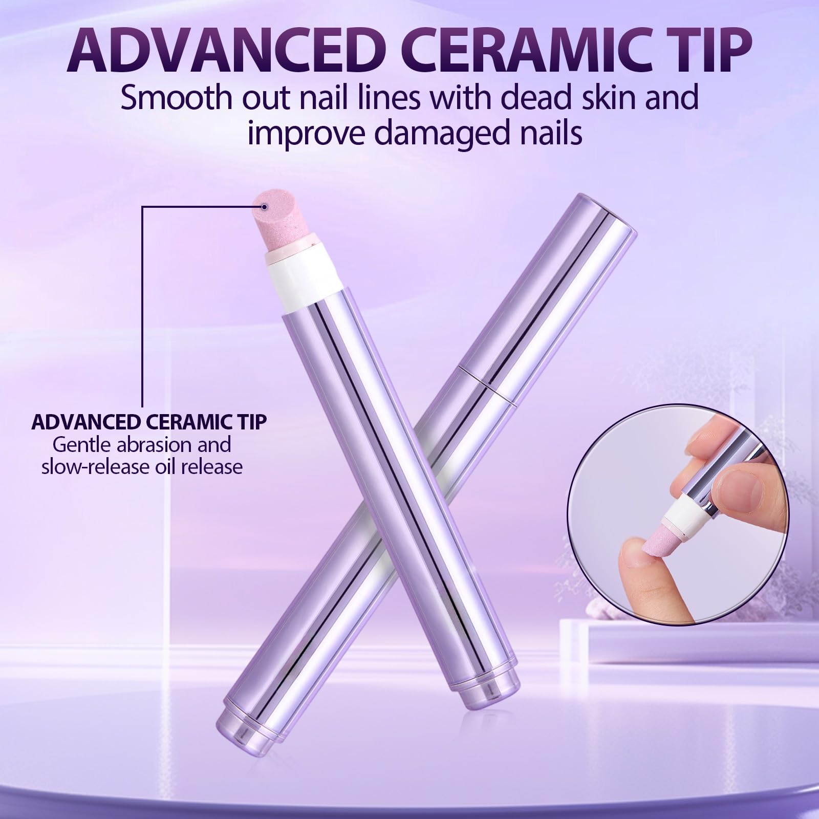 BaiKupo ceramic tip nail oil pen demonstrating how to gently push back cuticles on dry nails.