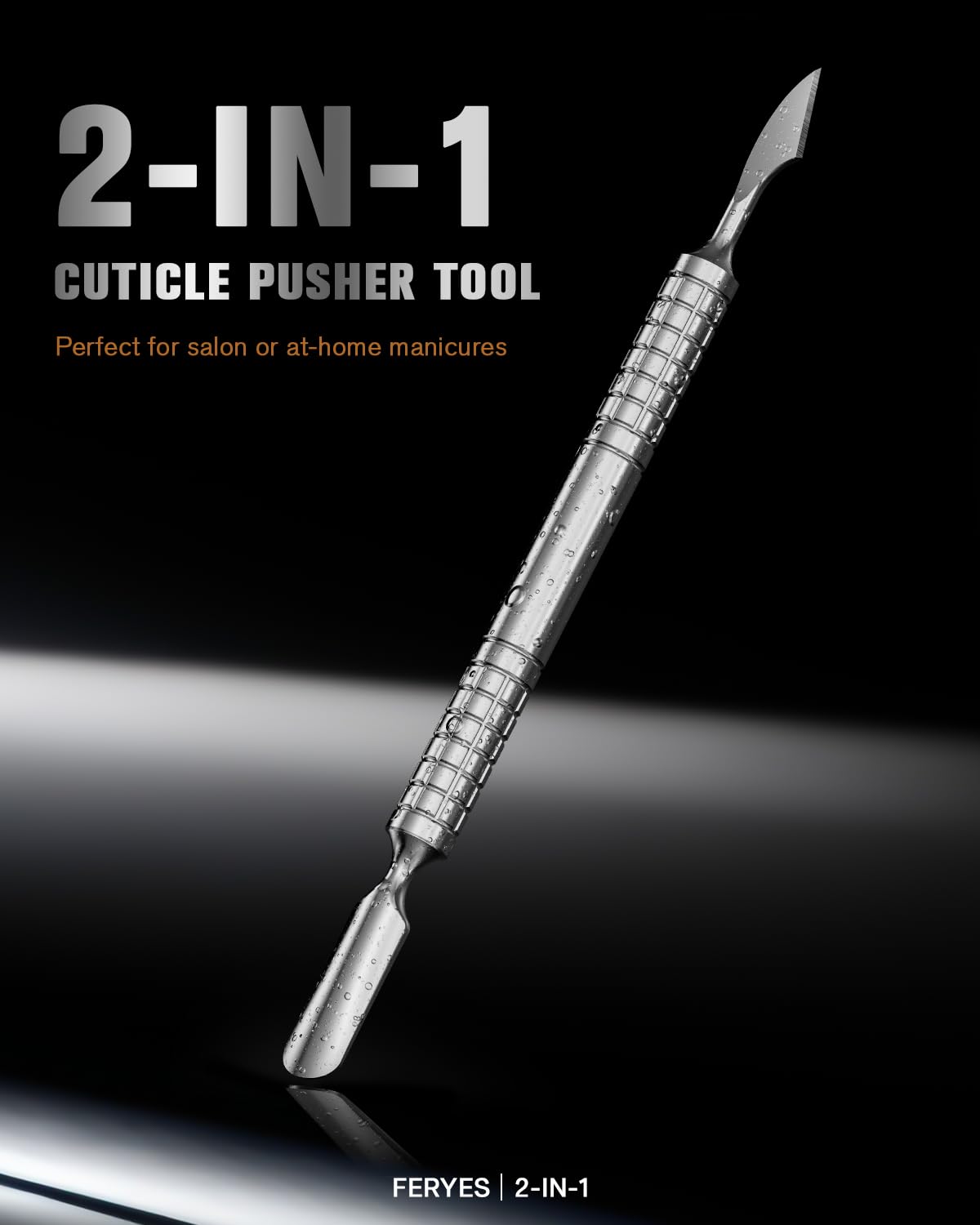 Close up of the curved tip and chisel edge stainless steel nail remover