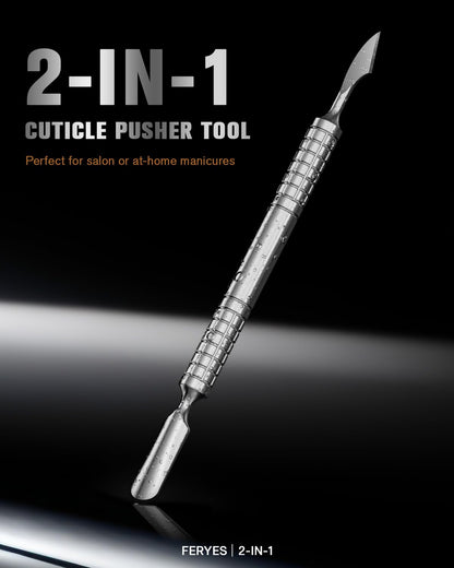 Close up of the curved tip and chisel edge stainless steel nail remover