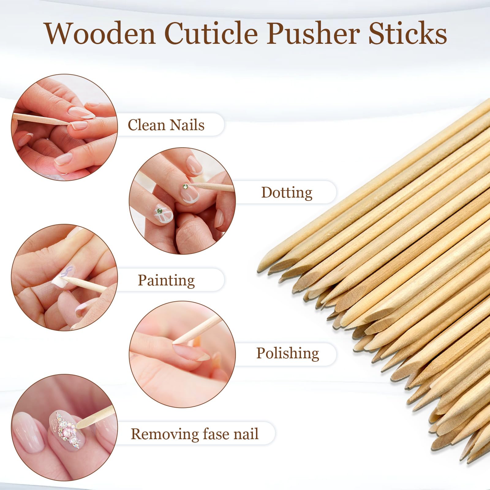 Double sided orangewood manicure sticks showing flat angled edge and pointed tip.