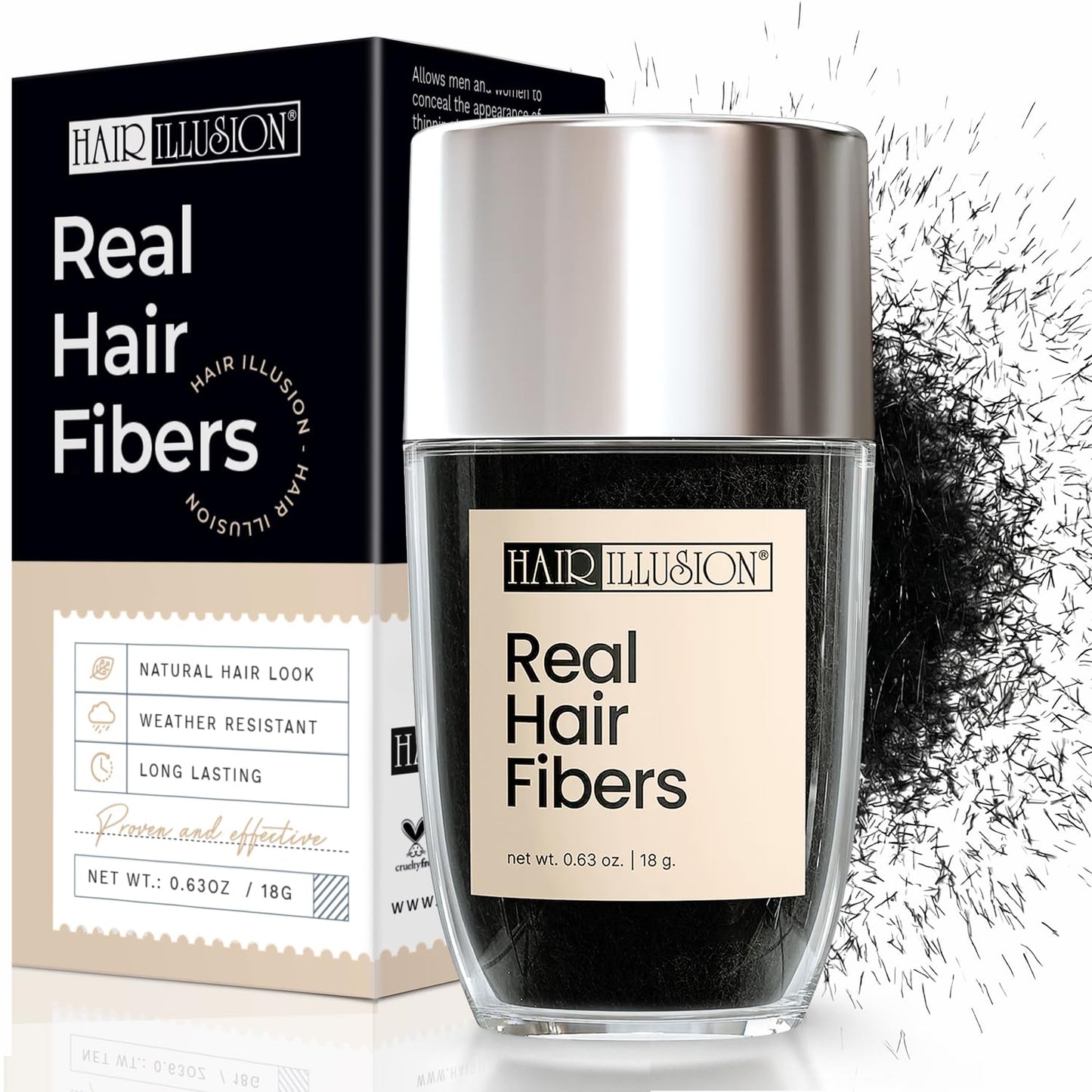 Hair Illusion real human hair fibers container showing the black color variant.