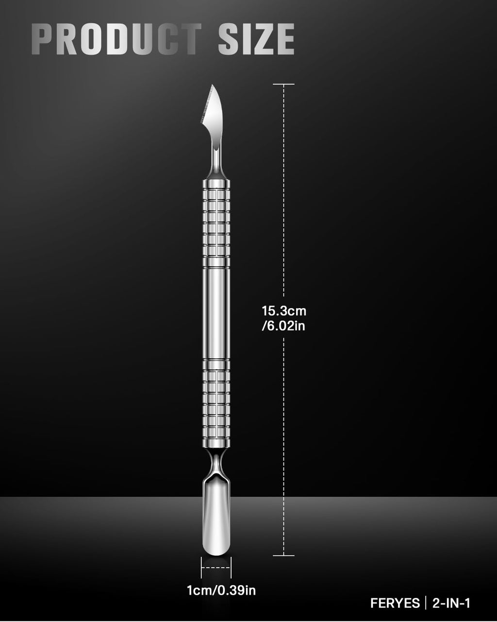 FERYES precision cuticle pusher showing durable metallic construction detail