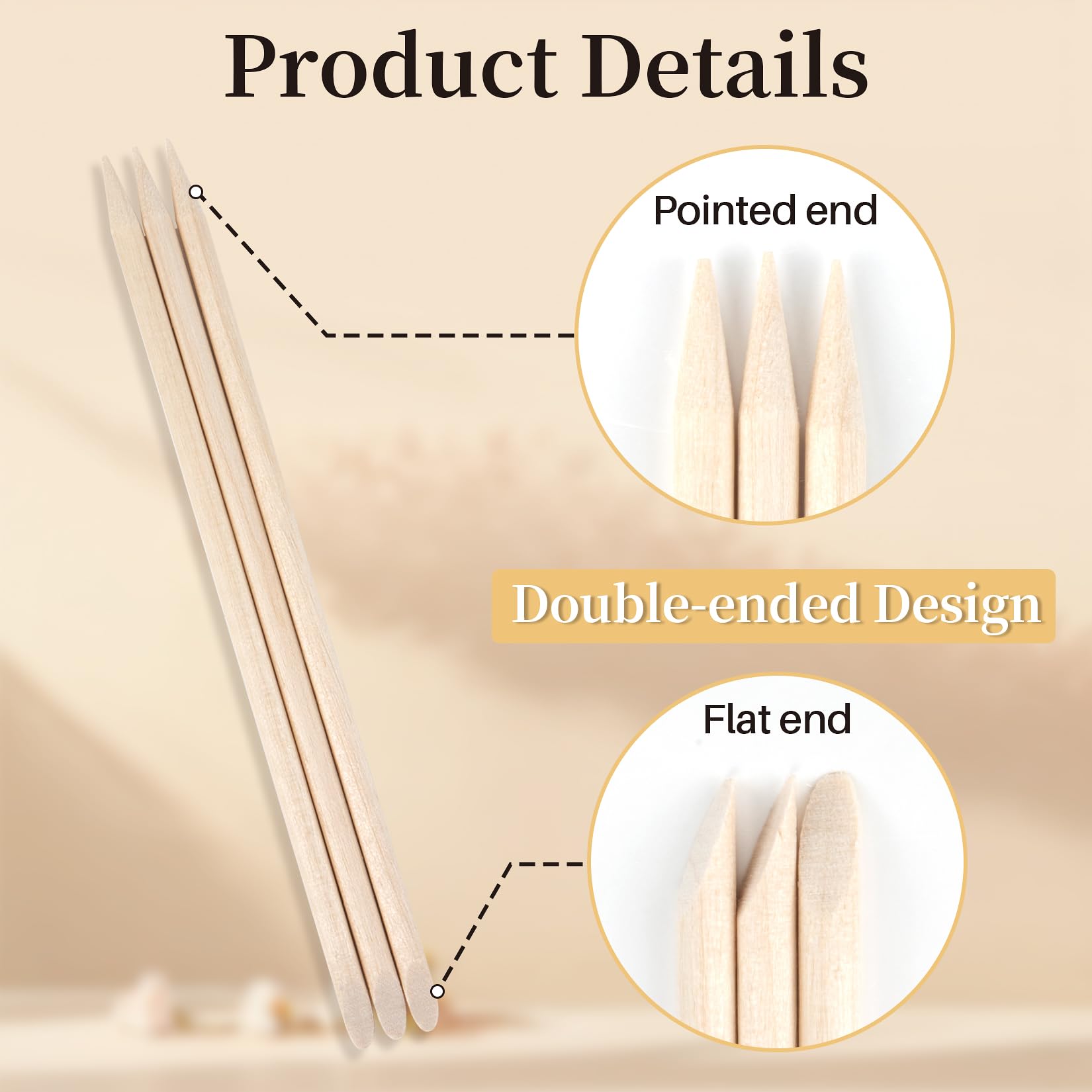Double sided wooden cuticle pusher sticks showing flat and pointed ends
