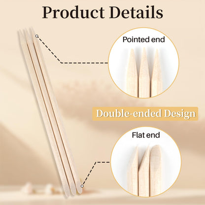 Double sided wooden cuticle pusher sticks showing flat and pointed ends