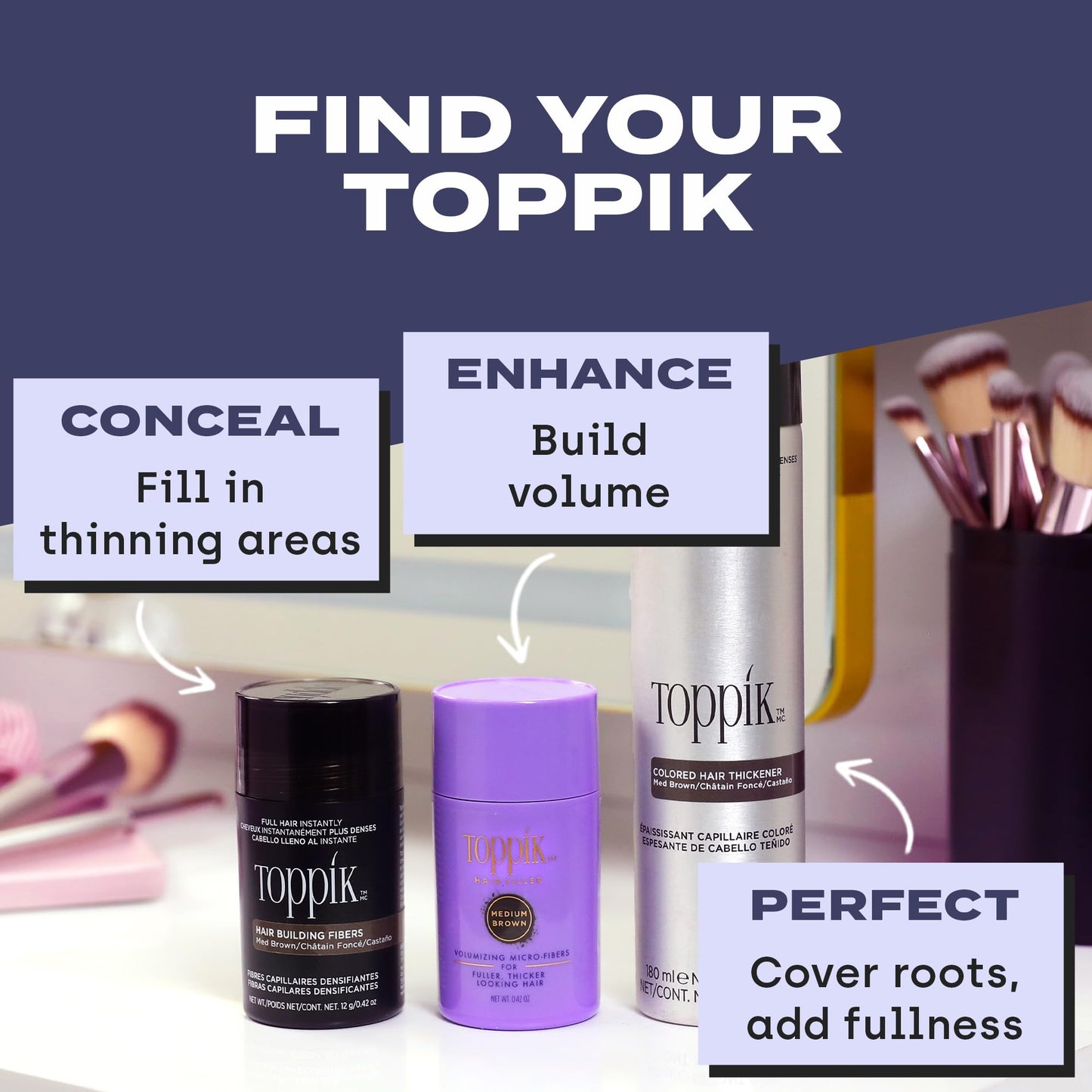 Toppik light brown hair thickener canister showcasing the official brand logo