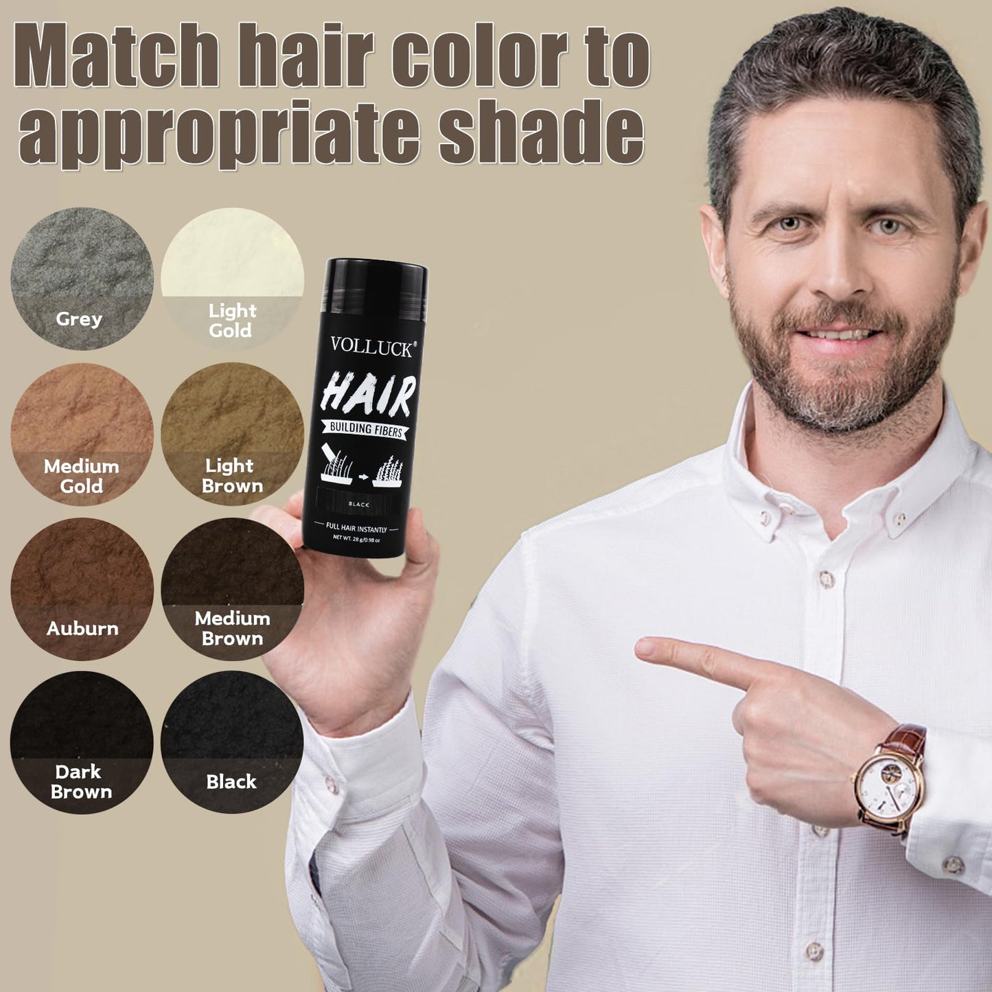 Sweat proof hair building fibers by Volluck being applied to a receding hairline for instant fullness