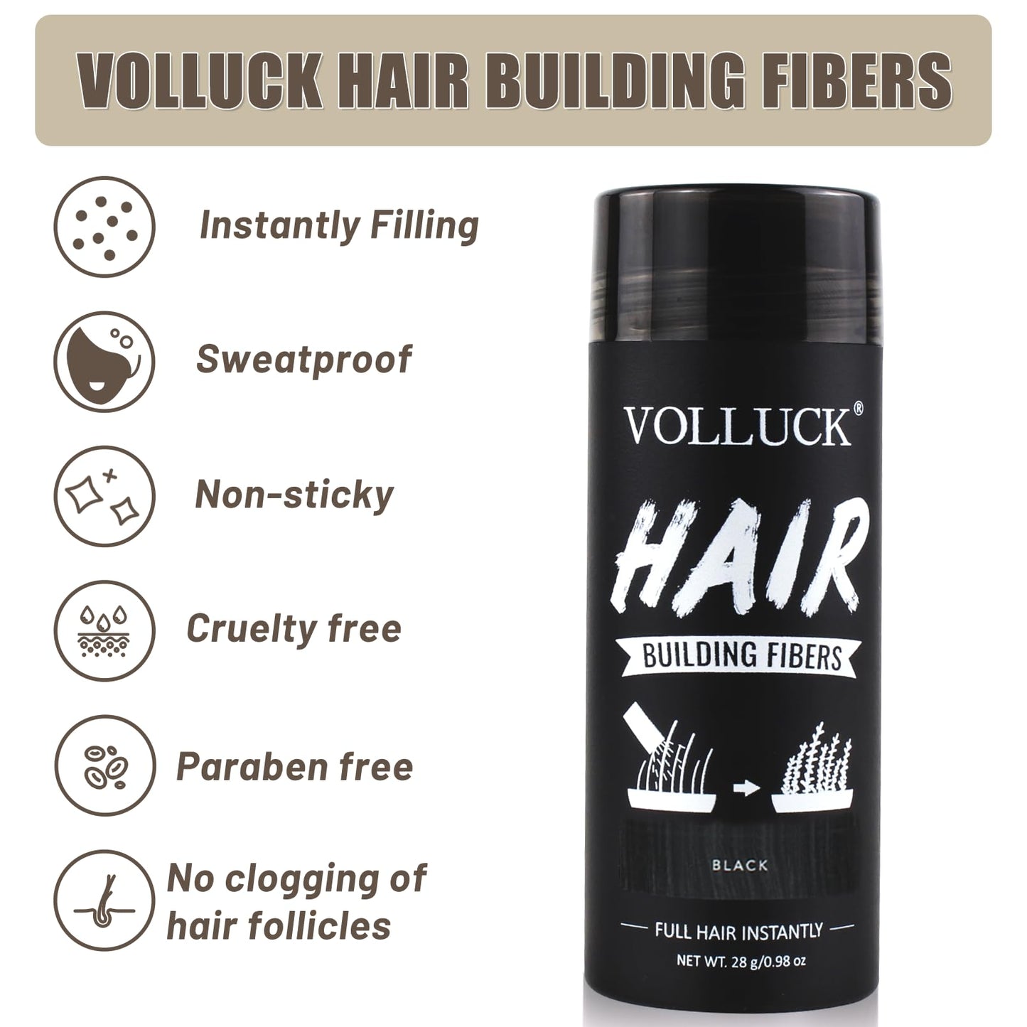 Volluck black hair building fibers showcasing the lightweight mineral based formula texture