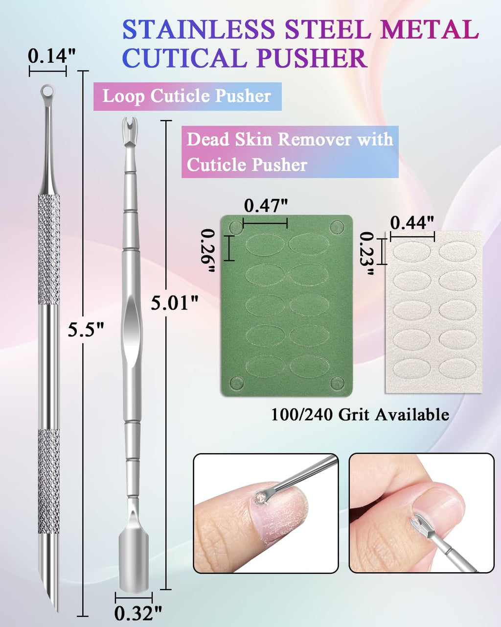 Stainless steel loop cuticle pusher showing dual-ended grooming tips close up.
