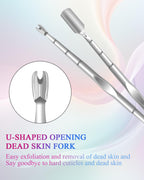 Dual-sided cuticle remover and dead skin fork tool for professional manicures.
