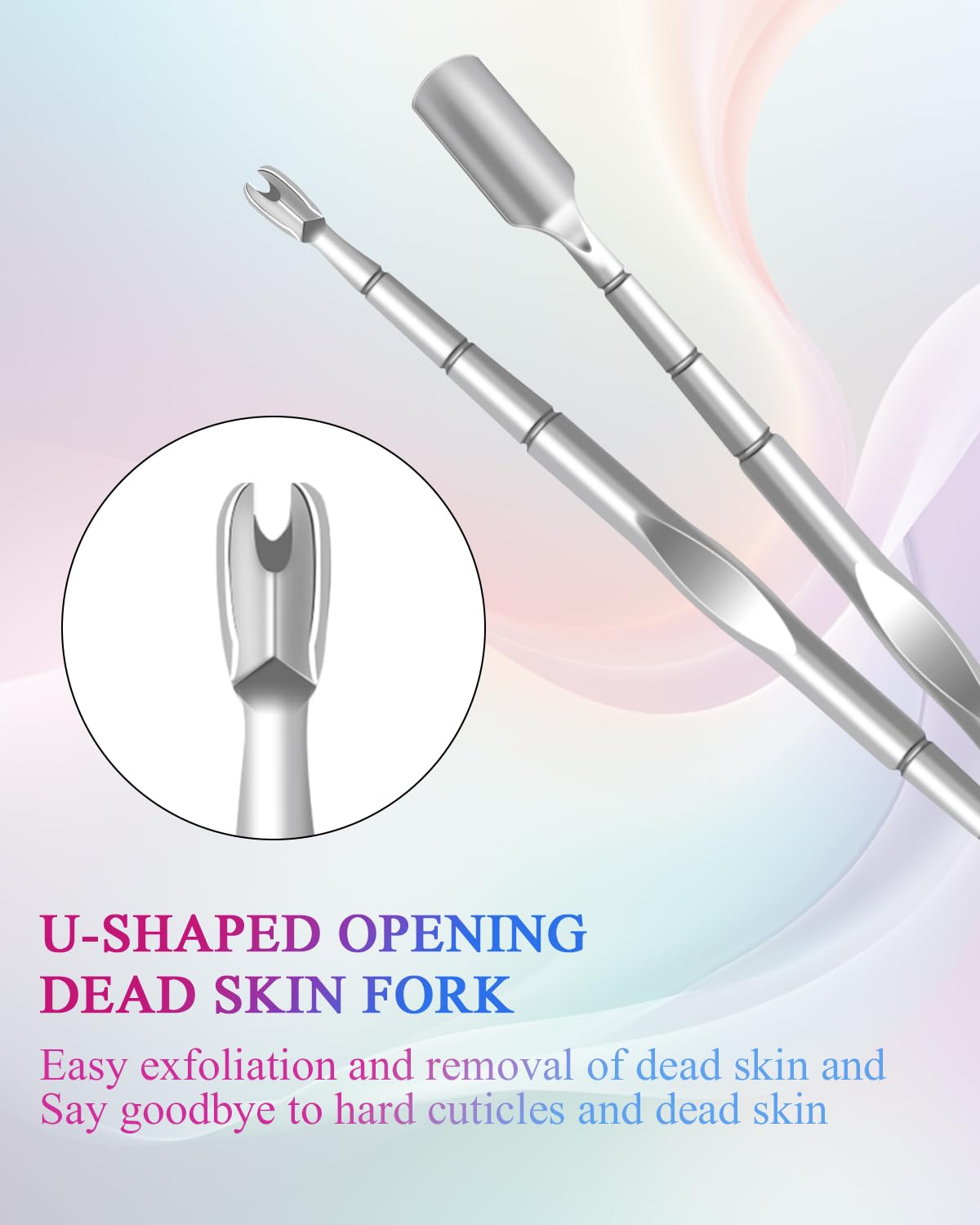 Dual-sided cuticle remover and dead skin fork tool for professional manicures.
