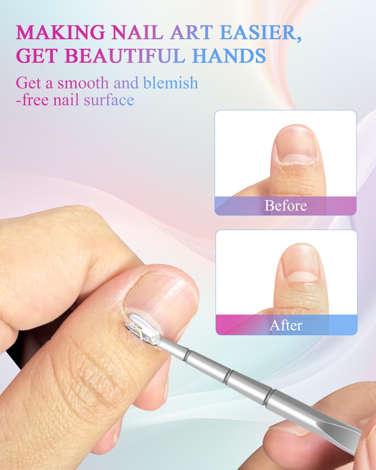Premium metal nail pusher showing ergonomic non-slip handle detail.
