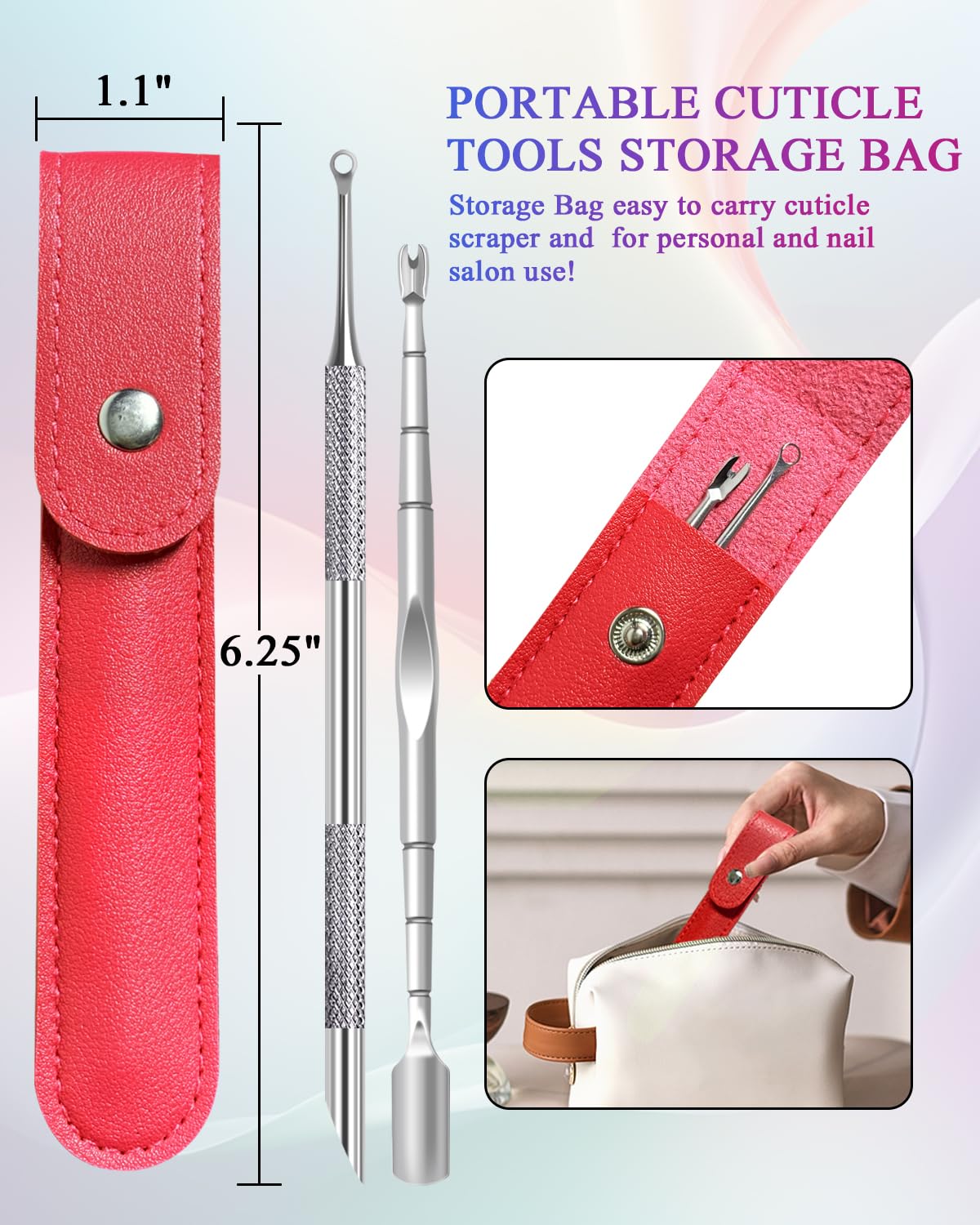 Kunshnbei 2 pack cuticle care set placed inside its red leather-like travel bag.