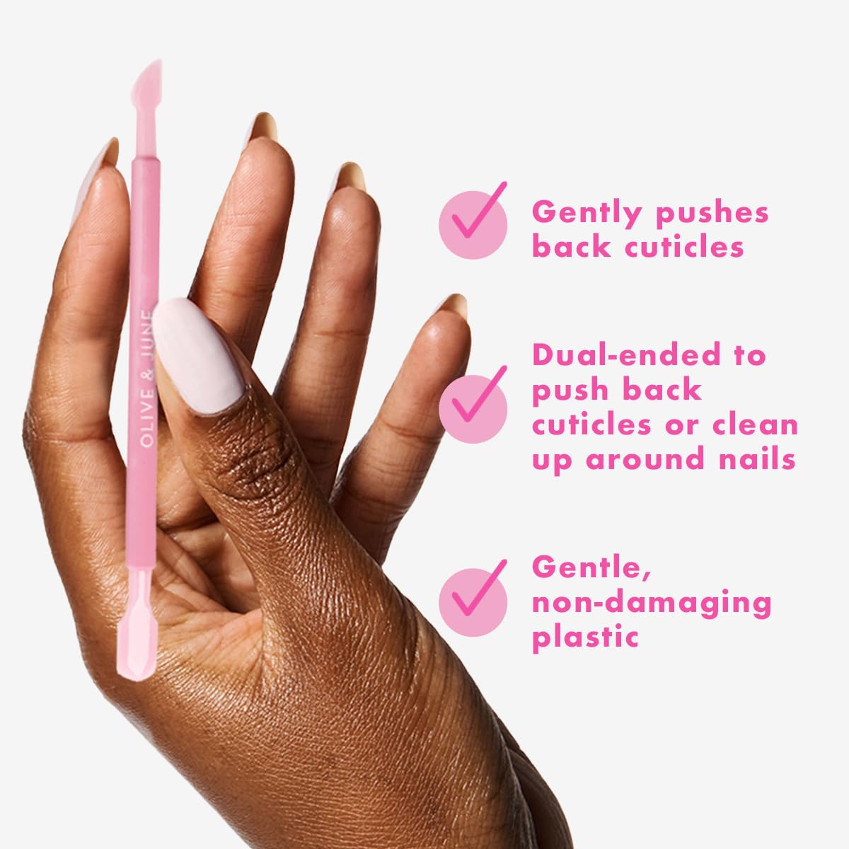 Detailed view of the sharp cleanup edge on the dual ended cuticle pusher