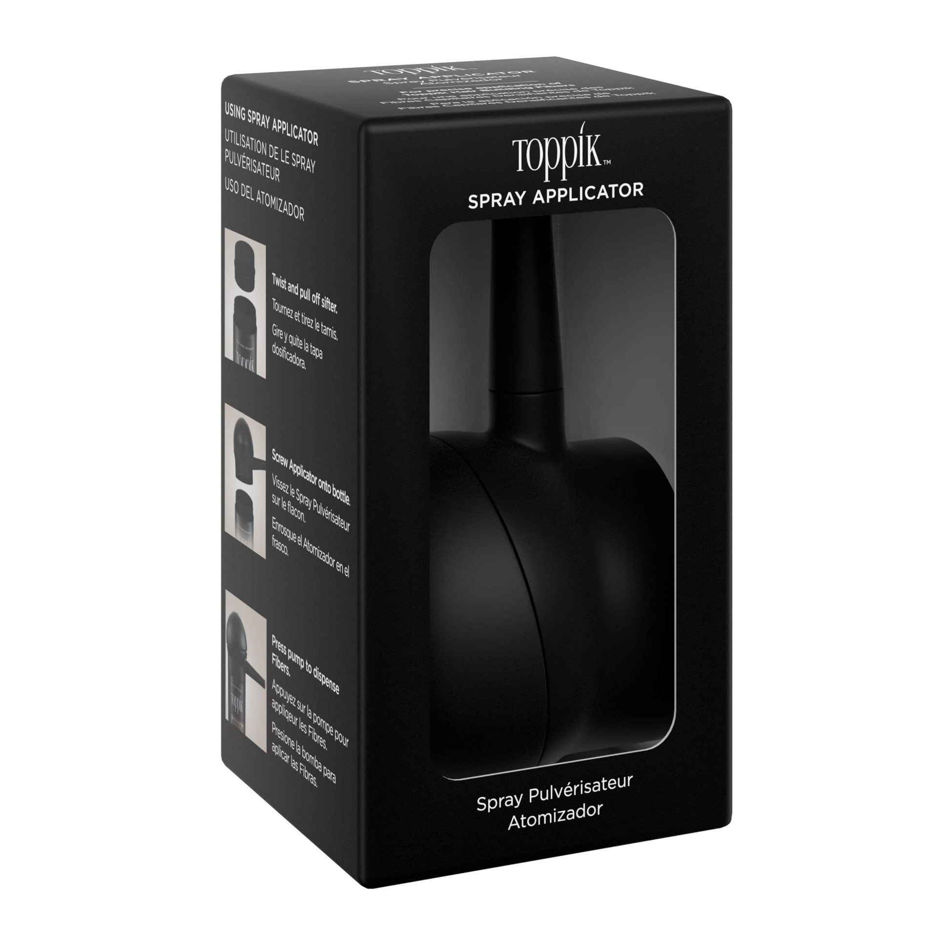 Close up view of the durable rubber bulb and directional nozzle of the Toppik hair thickening tool.