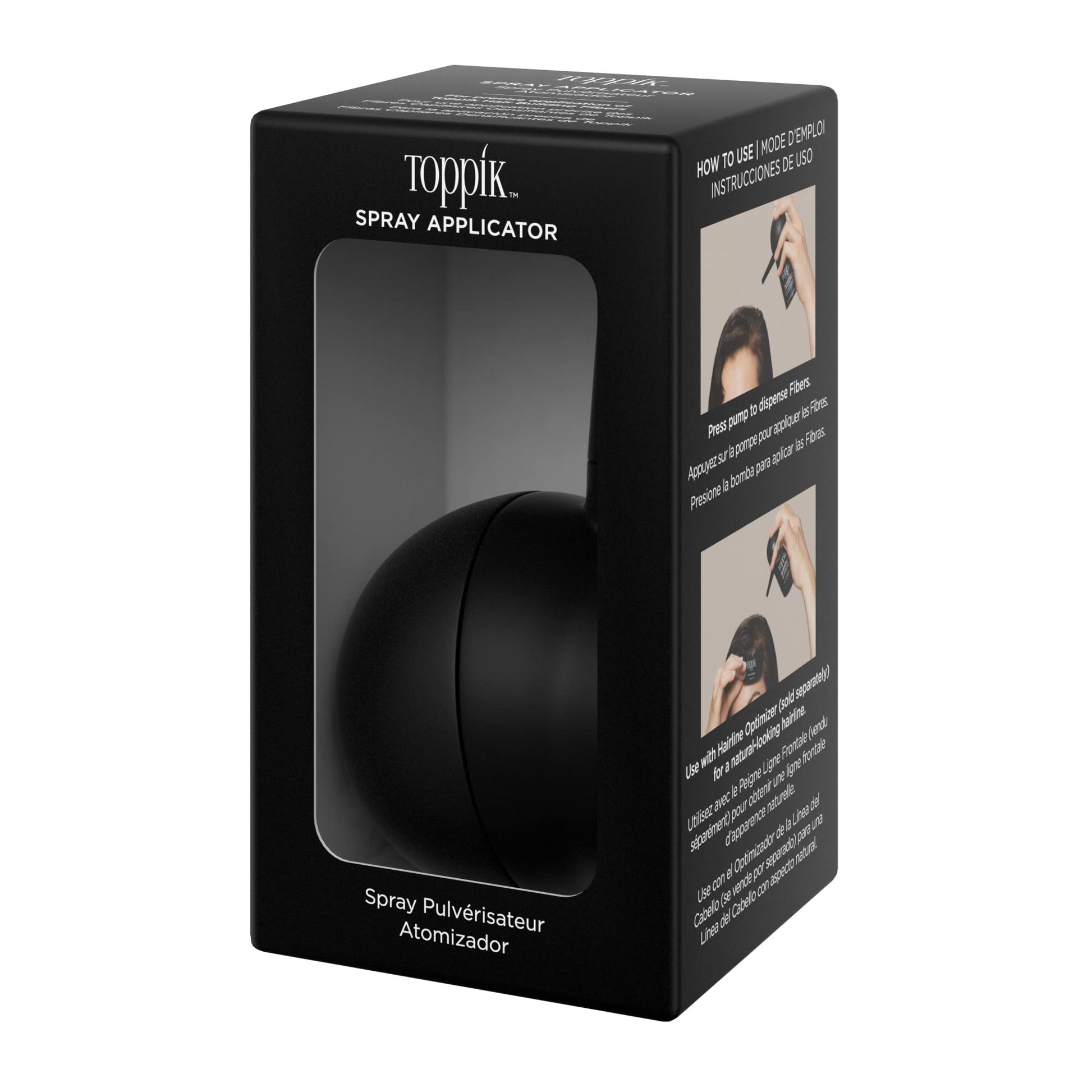 Toppik Hair Fiber Spray Applicator packaging showing instructions for seamless hairline blending.