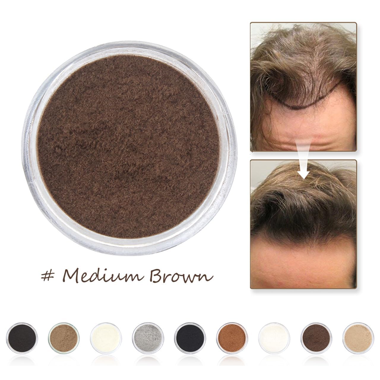 Before and after results using all natural hair building fibers for volume.
