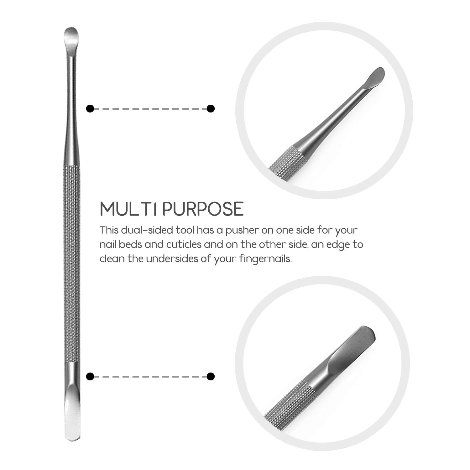 Close up of the cuticle pusher edge on stainless steel tool