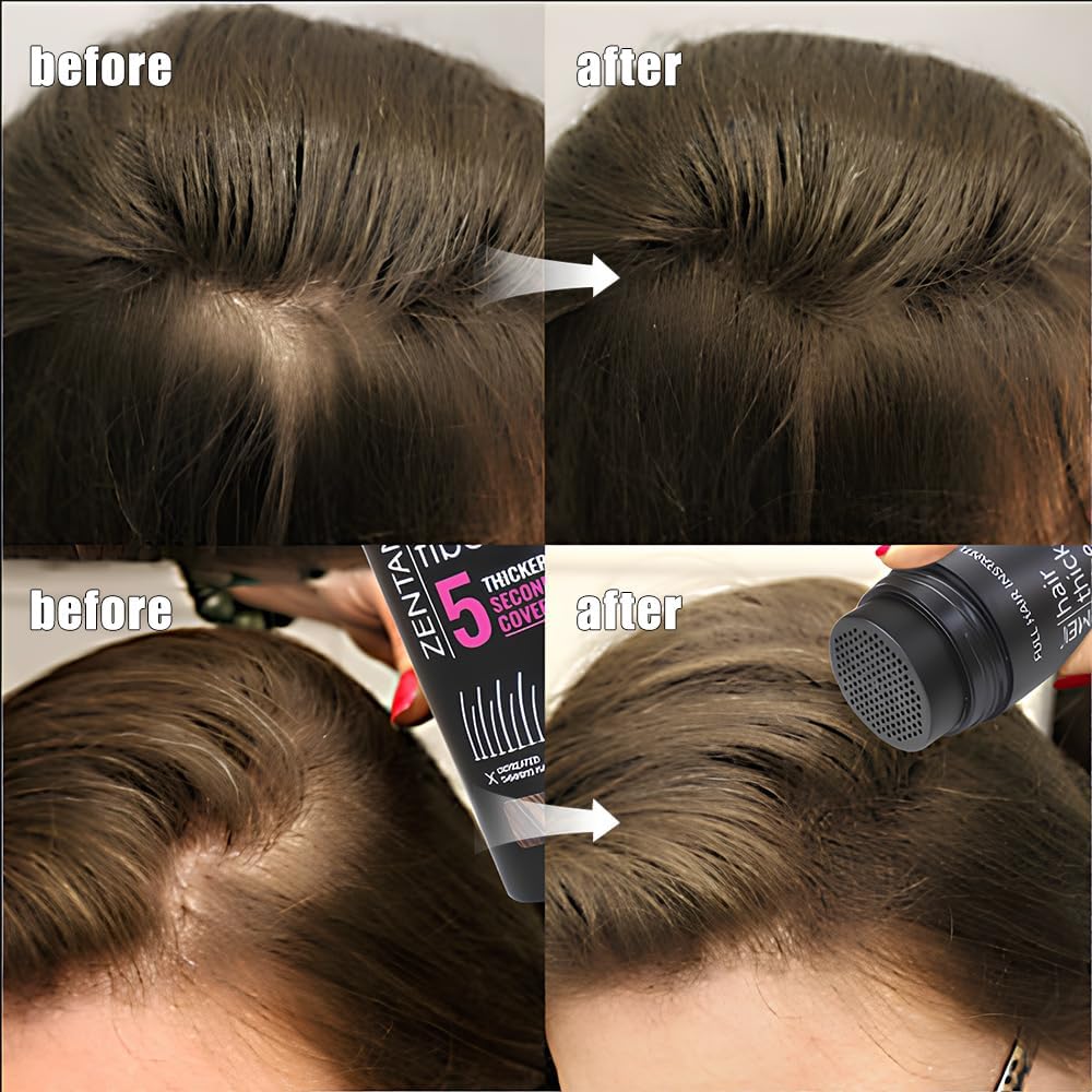 Demonstration of patting hair to disperse ZENTANMEI volumizing powder evenly.
