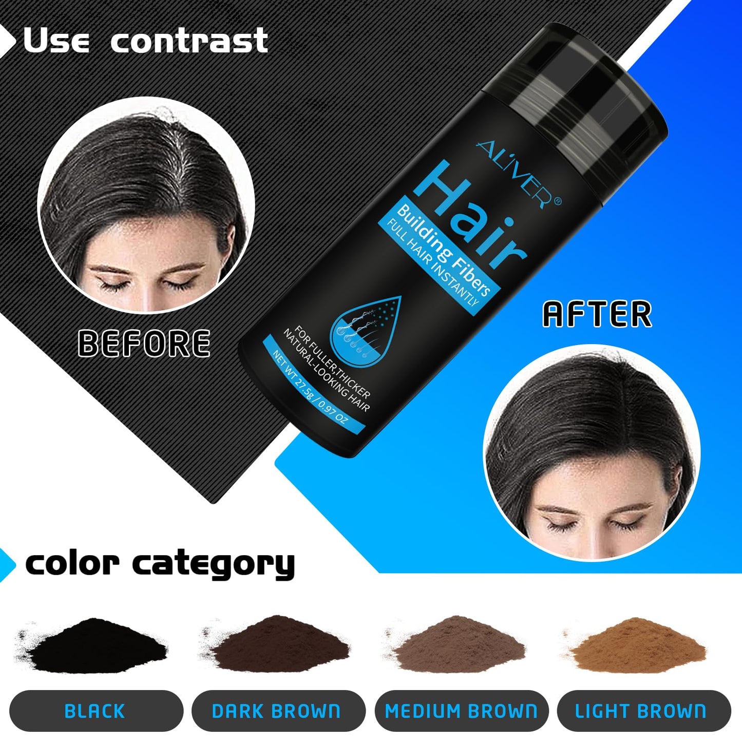 Before and after results using undetectable black hair loss concealer