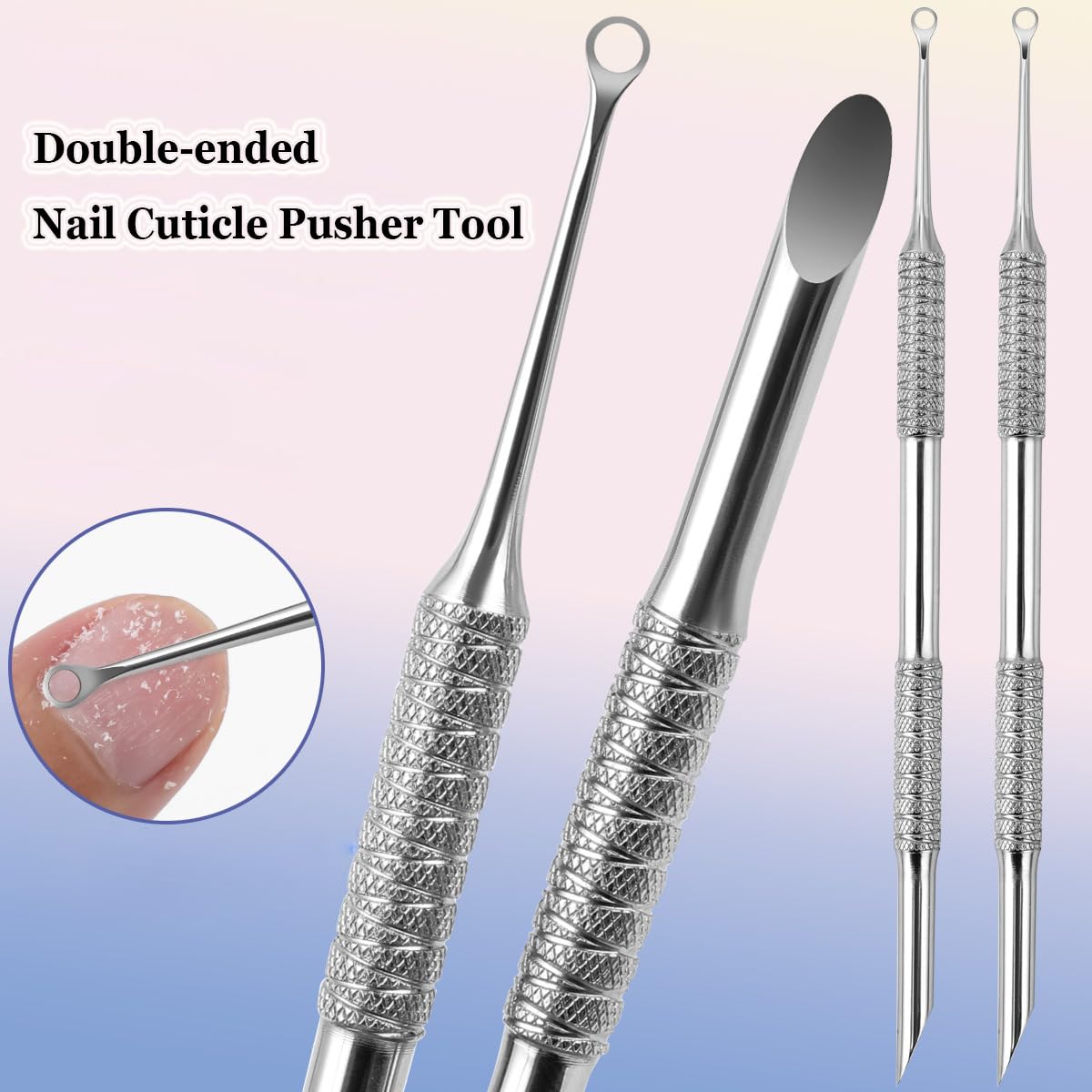 Stainless steel cuticle pusher tool with beveled and rounded ends